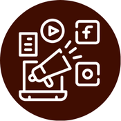 facebook, instagram, computer, and bull horn inside the circle